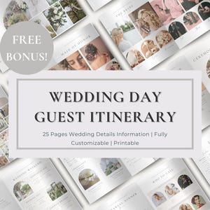 以下が含まれることがあります： 25ページのカスタマイズ可能な詳細を含む、印刷可能な結婚式当日のゲスト用旅程テンプレート。表紙は白地に黒で「Wedding Day Guest Itinerary」というテキストと花柄が描かれています。
