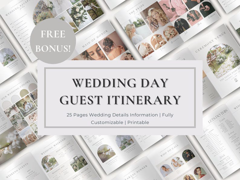 以下が含まれることがあります： 25ページのカスタマイズ可能な詳細を含む、印刷可能な結婚式当日のゲスト用旅程テンプレート。表紙は白地に黒で「Wedding Day Guest Itinerary」というテキストと花柄が描かれています。