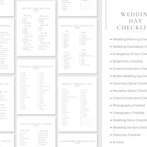 以下が含まれることがあります： 白い背景と黒いテキストで印刷可能な結婚式当日のチェックリスト。チェックリストには、結婚式計画、ベンダー、装飾など、さまざまなセクションが含まれています。