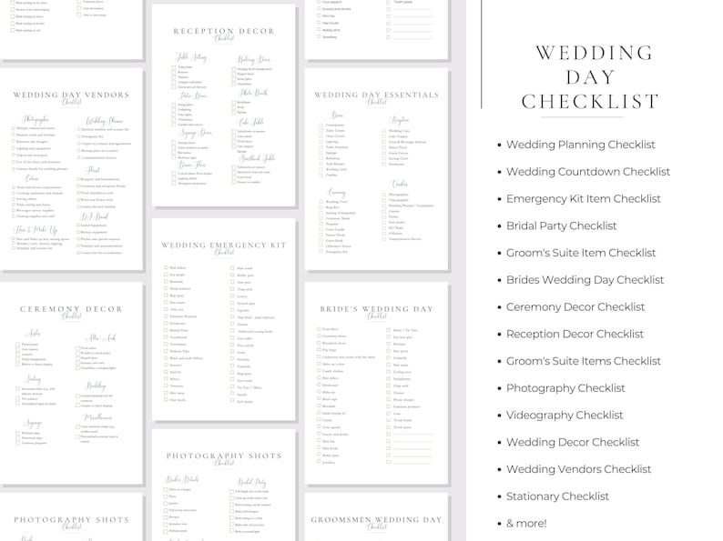 以下が含まれることがあります： 白い背景と黒いテキストで印刷可能な結婚式当日のチェックリスト。チェックリストには、結婚式計画、ベンダー、装飾など、さまざまなセクションが含まれています。