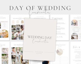 ウェディングコーディネーター向け当日バインダーテンプレート、編集可能なブライダルプランナー、ウェディングタイムライン、チェックリスト、フロアプラン、座席表（Canva）