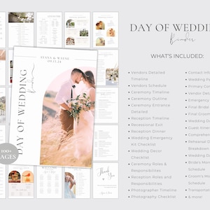 以下が含まれることがあります： 白い背景とフィールドにいるカップルの写真が載ったウェディングバインダー。バインダーには、結婚式を計画するのに役立つチェックリスト、タイムライン、その他の情報が100ページ以上含まれています。画像の上部には「DAY OF WEDDING Binder」というテキストがあります。タイトルの下には「WHAT'S INCLUDED」というテキストがあります。テキストには、ベンダーの詳細、タイムライン、式典の情報、レセプションの情報など、バインダーの内容がリストされています。