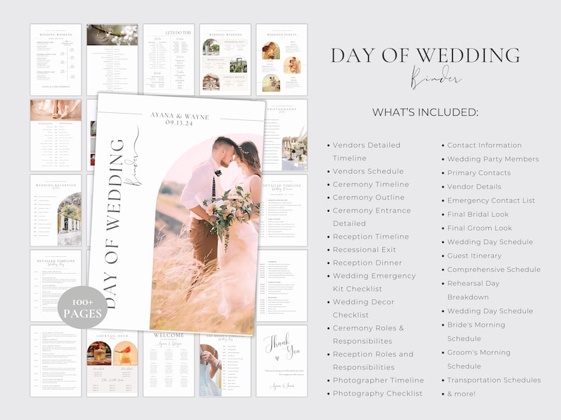 以下が含まれることがあります： 白い背景とフィールドにいるカップルの写真が載ったウェディングバインダー。バインダーには、結婚式を計画するのに役立つチェックリスト、タイムライン、その他の情報が100ページ以上含まれています。画像の上部には「DAY OF WEDDING Binder」というテキストがあります。タイトルの下には「WHAT'S INCLUDED」というテキストがあります。テキストには、ベンダーの詳細、タイムライン、式典の情報、レセプションの情報など、バインダーの内容がリストされています。