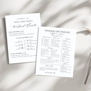 May include: A black and white wedding timeline printable with the names Sofia and James and the date September 13, 20XX. The timeline includes a list of events for the wedding day, such as the ceremony, reception, and dinner.