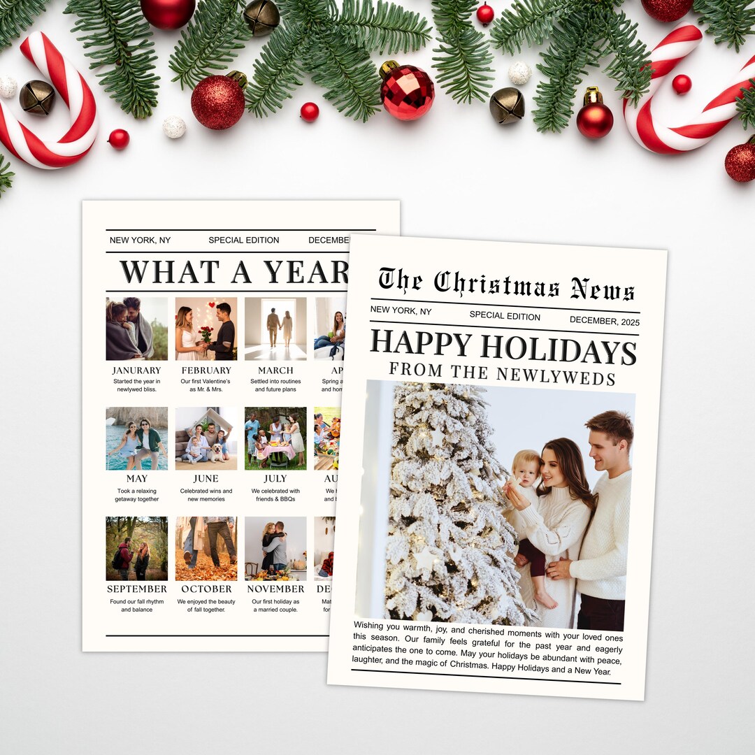 Christmas Newspaper Holiday Card Template, Year in Review (canva