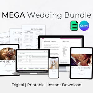 Puede incluir: Un paquete de planificadores de bodas digitales con una variedad de listas de verificación, cronogramas y hojas de cálculo de presupuesto imprimibles. El paquete incluye un "Wedding Planner", un "Day of Wedding Timeline" y una lista de verificación "Let's Do This". La imagen también incluye el texto "MEGA Wedding Bundle" y "Digital | Printable | Instant Download".