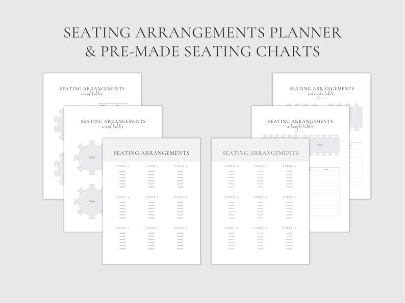 以下が含まれることがあります： 結婚式やイベントの計画のための印刷可能な座席表テンプレート。テンプレートには、丸テーブル、長方形のテーブル、カスタムレイアウト用の空白テンプレートが含まれています。