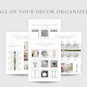 以下が含まれることがあります： テーブルの装飾、長方形のテーブル、レセプションの装飾のセクションを含む、印刷可能な結婚式のリセプションの装飾チェックリスト。チェックリストには、テーブルナンバー、センターピース、キャンドルなど、さまざまな装飾アイテムの画像が含まれています。