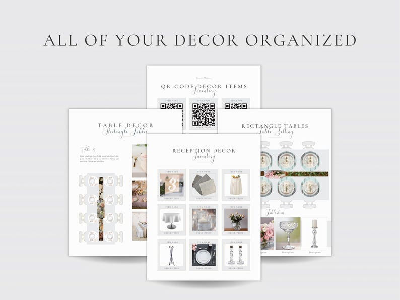 以下が含まれることがあります： テーブルの装飾、長方形のテーブル、レセプションの装飾のセクションを含む、印刷可能な結婚式のリセプションの装飾チェックリスト。チェックリストには、テーブルナンバー、センターピース、キャンドルなど、さまざまな装飾アイテムの画像が含まれています。
