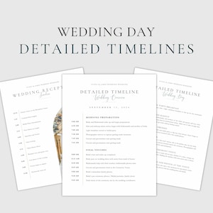 以下が含まれることがあります： 結婚式のタイムライン3つを印刷できる、水彩画の結婚指輪のイラスト付き。タイムラインのタイトルは「Wedding Reception Timeline」、「Detailed Timeline Wedding Ceremony」、「Detailed Timeline Wedding Day」。