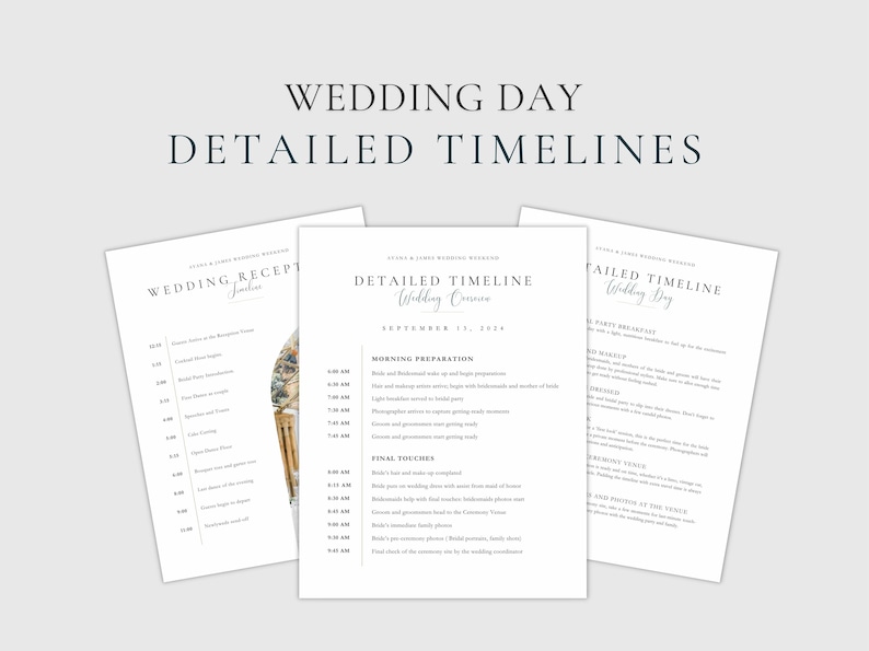以下が含まれることがあります： 結婚式のタイムライン3つを印刷できる、水彩画の結婚指輪のイラスト付き。タイムラインのタイトルは「Wedding Reception Timeline」、「Detailed Timeline Wedding Ceremony」、「Detailed Timeline Wedding Day」。