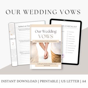 Puede incluir: Una guía de planificación de bodas titulada "Our Wedding Vows" con un cuaderno de trabajo y una lista de verificación. La portada presenta una foto de una pareja tomados de la mano. También es visible el texto "Crafting the Perfect Words for Your Special Day".
