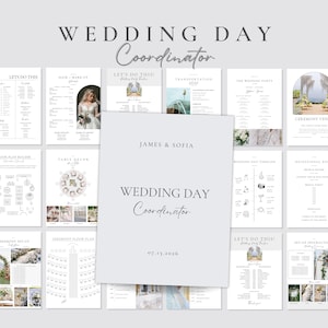 Może przedstawiać: Zestaw szablonów planowania dnia ślubu z jasnoszarym tłem. Tekst "WEDDING DAY Coordinator" jest wyświetlany u góry. Centralny szablon zawiera imiona "JAMES & SOFIA" oraz datę "07.13.2026".