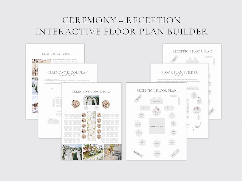 以下が含まれることがあります： 結婚式 の 式典 と 受付 の ため の 印刷 可能 な フロア プラン テンプレート の セット です。テンプレート に は、式典 の フロア プラン、受付 の フロア プラン、フロア プラン ビルダー が 含ま れ て い ます。テンプレート は、カップル が 結婚 式 の レイアウト を 計画 する の に 役立ち ます。