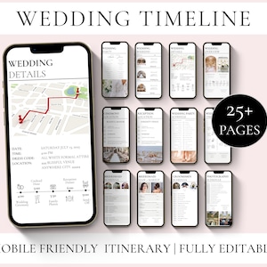 May include: A wedding timeline template with 25+ pages, designed for mobile devices. The template includes a map, schedule, and details for the wedding day. The text on the template reads "Wedding Timeline", "Wedding Details", "Date", "Time", "Dress Code", "Location", "Saturday July 14, 2023", "4:00 PM", "All White Formal Attire", "Blissful Venue", "Anywhere City 40000", "Cocktail Hour", "Wedding Ceremony", "Family Photos", "Reception Dinner", "Send Off".
