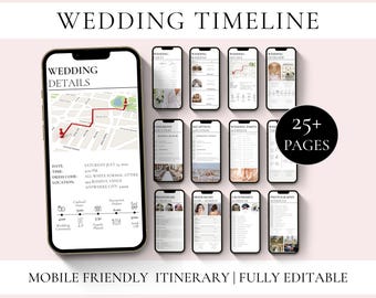 Plantilla de cronograma de boda: Itinerario y lista de verificación para dispositivos móviles (Canva, descarga instantánea)