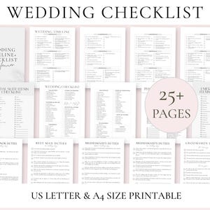 Może przedstawiać: Drukowana lista kontrolna ślubna z ponad 25 stronami, w tym harmonogram ślubu, lista kontrolna dla panny młodej oraz obowiązki dla druheny, świadka, druhen i świadków. Lista kontrolna jest przeznaczona do papieru w formacie US Letter i A4.