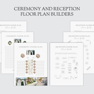 May include: A set of printable wedding floor plan templates for both the ceremony and reception. The templates are designed to help couples plan the layout of their wedding venue.