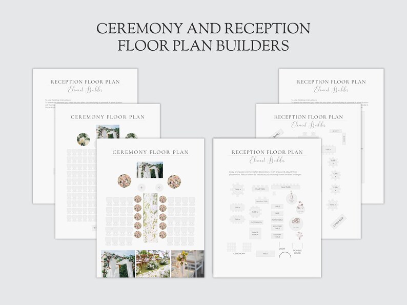 May include: A set of printable wedding floor plan templates for both the ceremony and reception. The templates are designed to help couples plan the layout of their wedding venue.