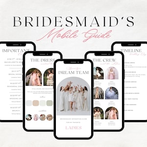 Op de afbeelding: Een digitale mobiele gids voor bruidsmeisjes, weergegeven op een zwarte smartphone, met de tekst "BRIDESMAID'S Mobile Guide". De gids bevat secties over de jurk, de crew en de tijdlijn, met afbeeldingen en informatie voor de trouwdag.