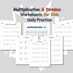 Può includere: Un set di fogli di lavoro stampabili di moltiplicazione e divisione per bambini. I fogli di lavoro presentano una tabella di moltiplicazione e problemi di pratica per la pratica quotidiana di matematica.