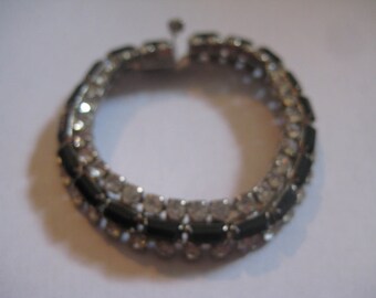 Jet and Crystal Rhinestone Bracelet in Silvertone Metal So Elegant