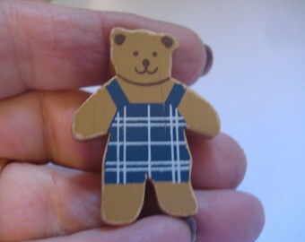 80s Wooden Bear Pin Standing with Plaid Overalls Made in Taiwan