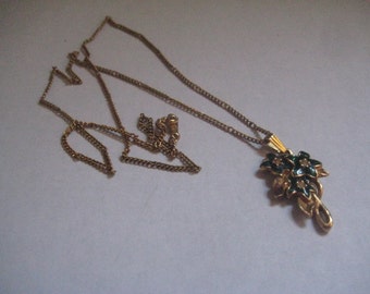 Lovely Green Enamel Flowers Pendant on 19 Inch Gold Tone Chain