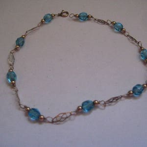 Anklet 1/20th 12KT Gold Filled Hand Made with Aqua 6mm Faceted Beads Diamond Shaped Links