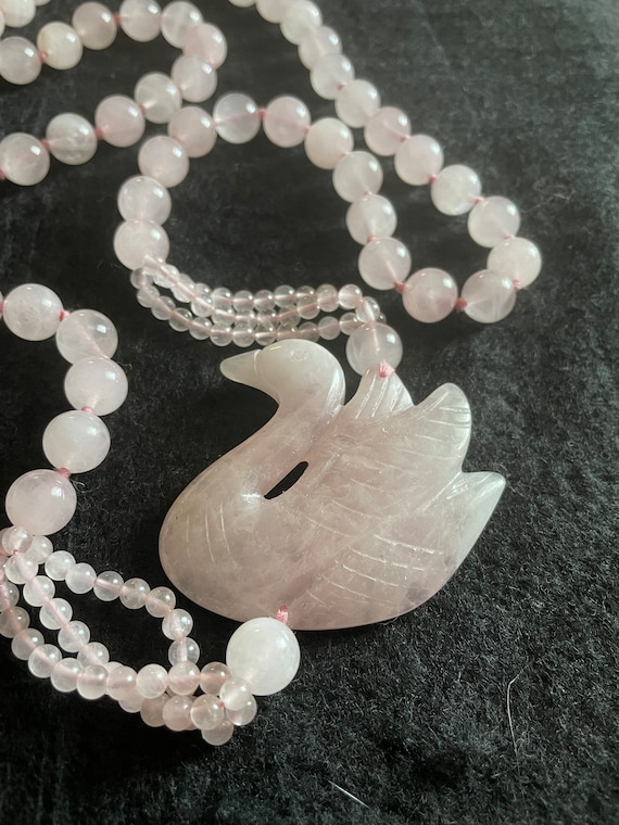 Exquisite 80s Rose Quartz Hand Carved Swan on 33” 