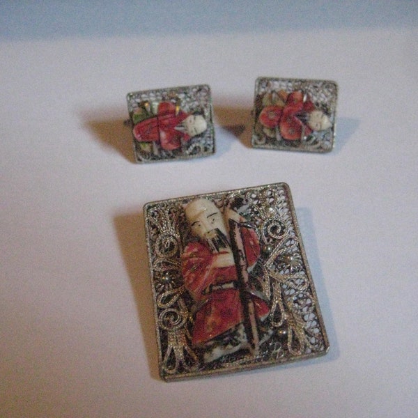 1920s Chinese Import Filigree Celluloid Man Pin and Screwback Earrings in Brass