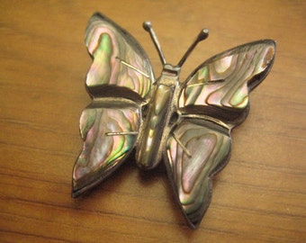 Mexican Sterling and Abalone Shell or Paua Shell Butterfly Pin FNR