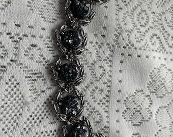 Vintage Black Confetti Lucite Link Bracelet in Silver Tone Metal