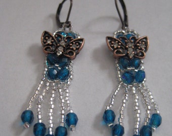Lovely Copper Butterflies with Rhinestones Surrounded by Teal Firepolished Beads and Crystal Delicas Earrings