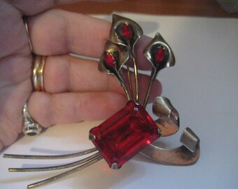 40s Sceptron Calla Lily Brooch in Sterling Vermeil with Red Octagon and Navette Rhinestones