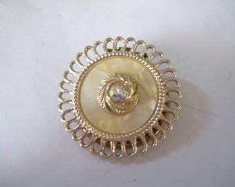 Western Germany Celluloid Scarf Clip with Crystal AB Rhinestones in Center of Round Clip