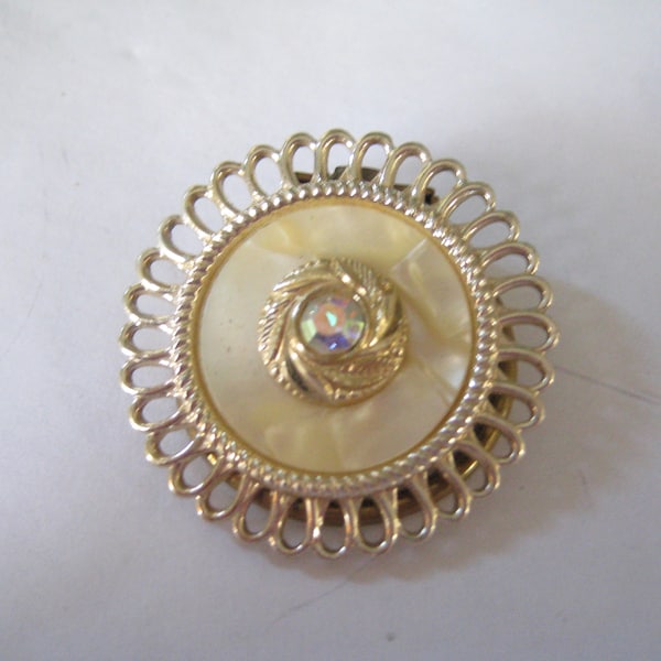 Western Germany Celluloid Scarf Clip with Crystal AB Rhinestones in Center of Round Clip