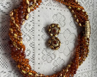 Selini 10 Strand Choker and Clip On Earrings in Shades of Topaz Lucite