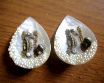 Mother of Pearl Pear Shaped Clipback Earrings with Undersea Scene of Faux Pearls and Seahorse
