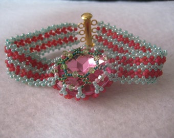 Watermelon Watch Beaded Bracelet with Trombone Clasp and 27mm Stone