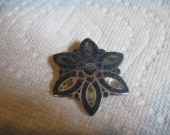 Mexican Paua Shell Mosaic Lapis Lazuli Crushed Stone Flower Pin/Pendant Marked MEXICO with a Stamp