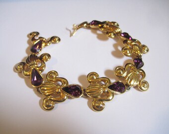 Princess Michaela Von Habsburg MVH Crown Jewels  Fleur de Lis Link Bracelet with Amethsyt Pear Cut Rhinestones
