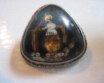 Antique Victorian Blue Morpho and Sterling Triangle Shaped Pin with Hand Painted Scene of Lady Looking out to Sea
