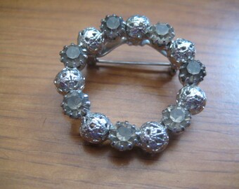 Juliana Circle or Wreath Pin with Black Diamond Rhinestones and Filigree Balls in Silver