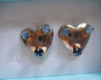 Vintage Sterling Heart Shaped Screw Back Earrings with Blue Rhinestones