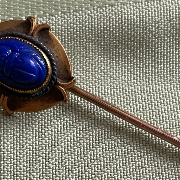 Lapis Lazuli Scarab on Gold Plated Stickpin 1920s