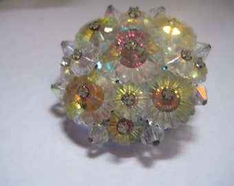60s Snowflake or Flower Brooch with Crystal Ab Marguerites and Bicones with Rhinestone Tipped T pins