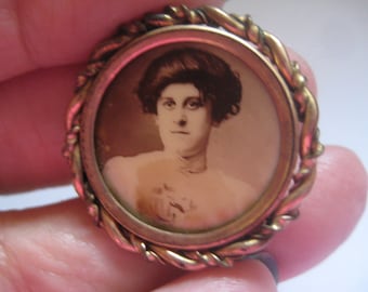 Antique Victorain  PIn with Tin Type of a Lady in White Dress and Fancy Hair Style