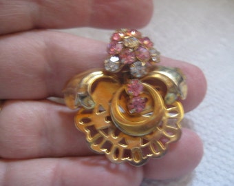 Vintage Pin Pendant Watch Fob in Gold Plate with Rose and Crystal Rhinestones