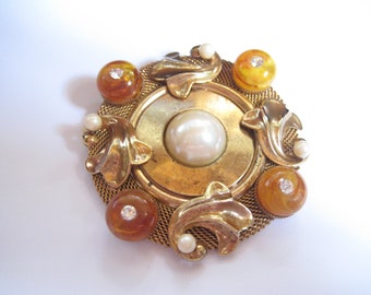Retro Etruscan Style Large Brooch with Faux Pearls and Bakelite Donuts